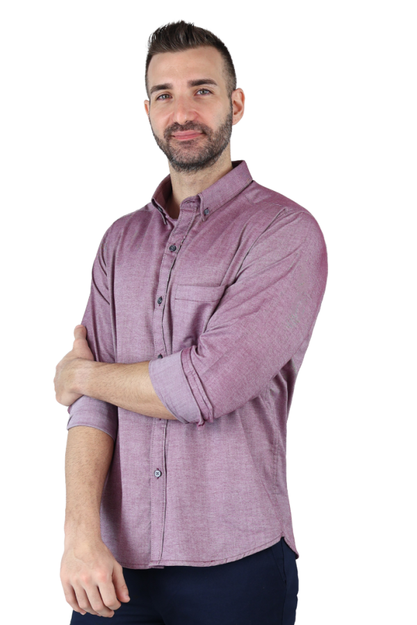 Camisa Cuello Americano Manga Larga Rojo Vino Tela Con Textura Para Hombre